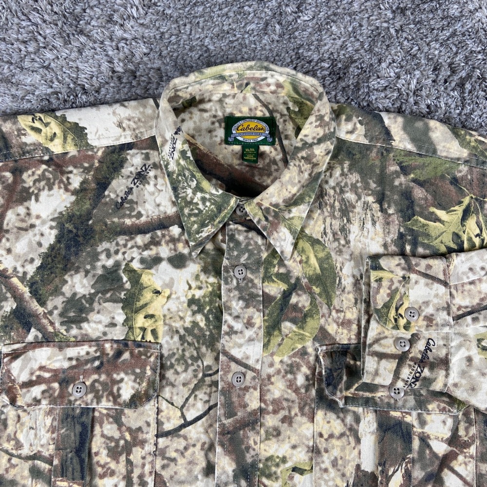 Cabelas Zonz Woodlands Button Down Shirt Mens XL Green Camo Hunting Outdoor Gear